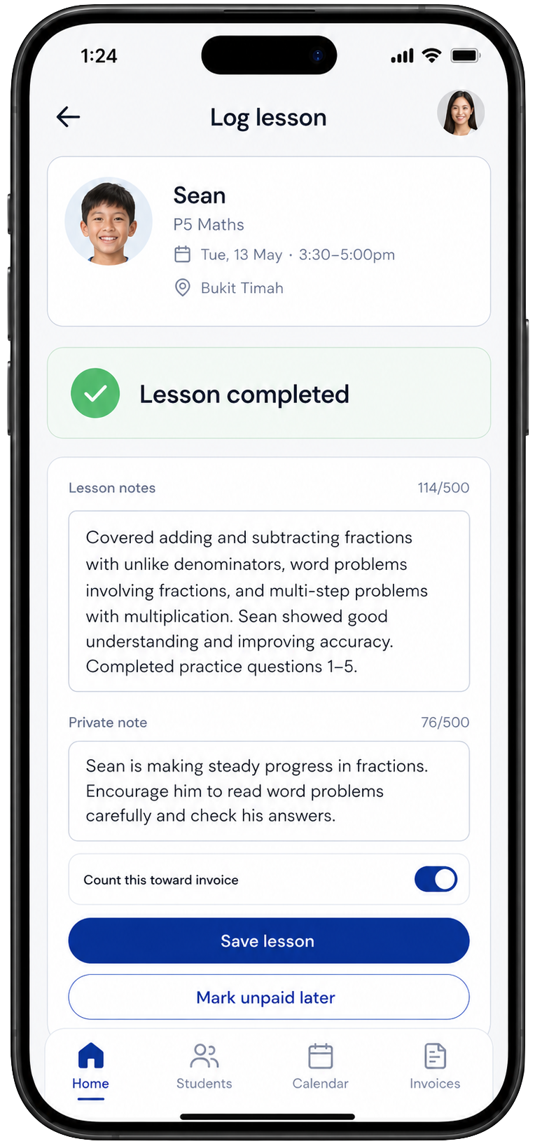 Brightmark log lesson screen